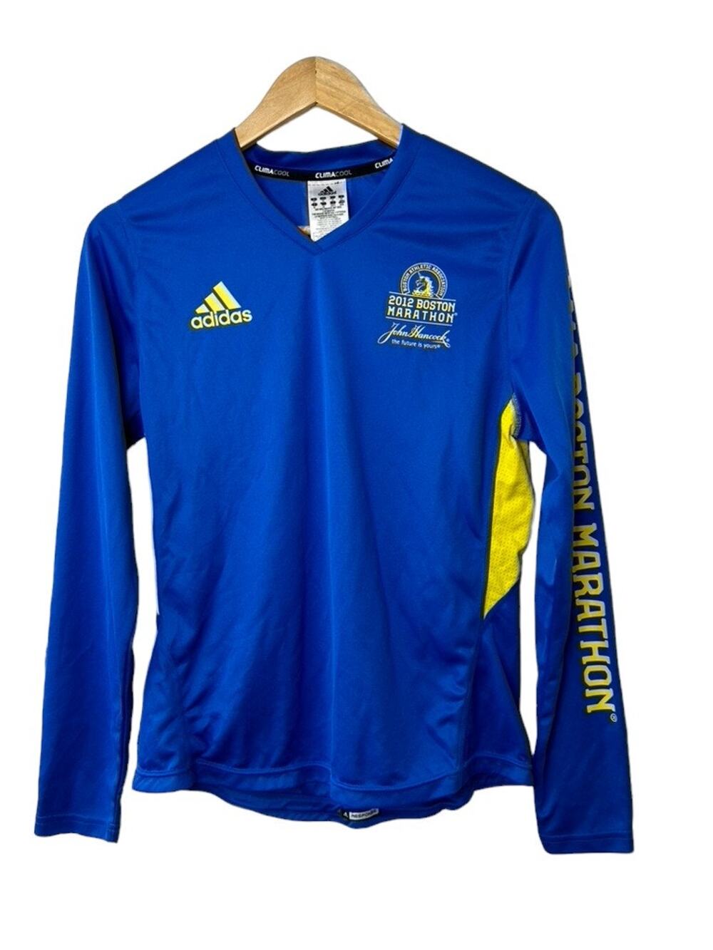 Adidas Running B.A.A. 2012 BOSTON MARATHON Long Sleeve Shirt Blue & Yellow Sz M